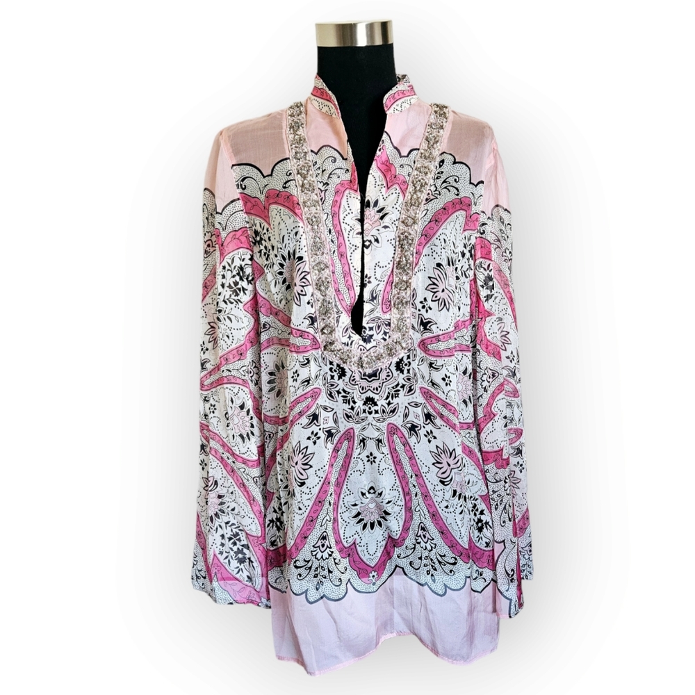 Allen B by Allen Schwartz Boho Silk Long Flare Sleeve Tunic Size L NWT - Picture 5 of 11